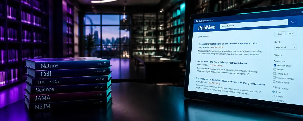 Scientific journals beside a study search screen